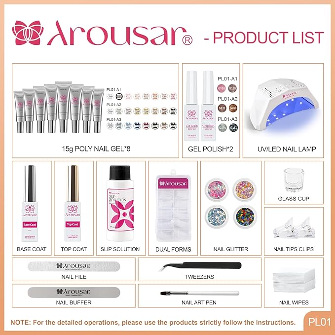 Poly Nail Gel Kit, 8 Colors Nail Extension Gel, Clear Black Gold Glitter Builder Nail Gel with 2 Gel Polish, Base and Top Coat, Slip Solution, Nail Lamp DIY Salon at Home for Women