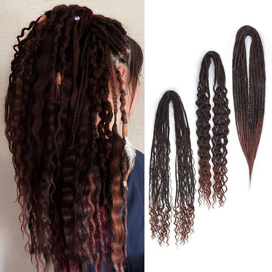 24 Inch DE Dreadlock Extensions Sets, 20 Strands 3 In 1 Mixed Synthetic Dreads Extensions, Ombre Auburn Straight&Curly&Boho Handmade Dreads Hippie Style Dreadlocks for Woman