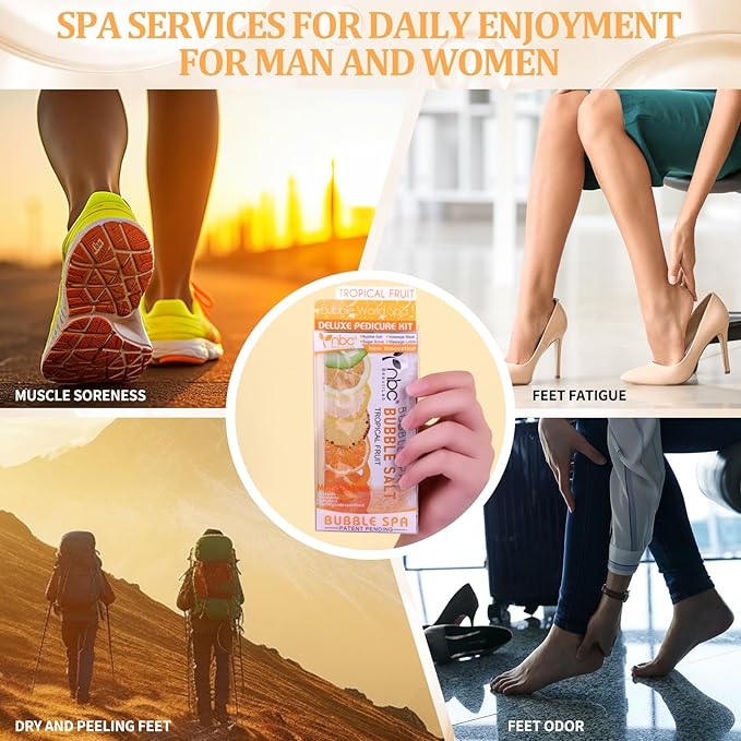 Pedicure Kit Foot Soak Set: Bubble Salt, Sugar Scrub, Massage Mask, Massage Lotion in a Box, 4 Step Foot Spa Kit for Dry Feet, Calluses and Tired Feet(1 Set Tropical Fruit)