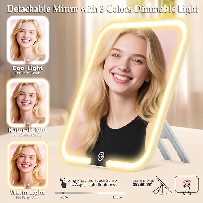 Travel Makeup Bag with Removable Mirror and Light, LED Lighted Make up Train Case, Cosmetic Organizer with PU Leather, 3 Colors Dimming Light, Adjustable Dividers & Brush Storage Board, Gift for Women