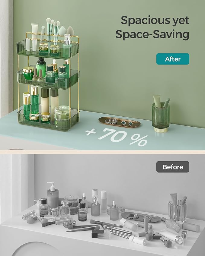 SONGMICS Makeup Organizer, 3-Tier Skincare Organizer Countertop, Customizable, 2 Types of Accessories, Jewelry Holder, for Vanity, Bedroom, Bathroom, Pale Green UJKA013C01
