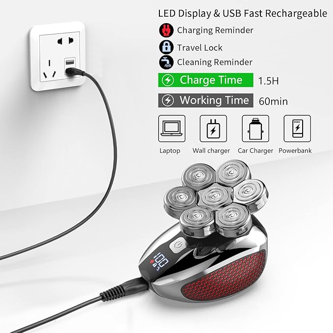 Head Shaver for Bald Men 7D, Bald Head Shavers for Men Wet&Dry,CHLANT 5-in-1 Electric Head Shaver for Men Head Razor Cordless Rechargeable Waterproof, Electric Razor for Men Rotary Shaver Grooming Kit