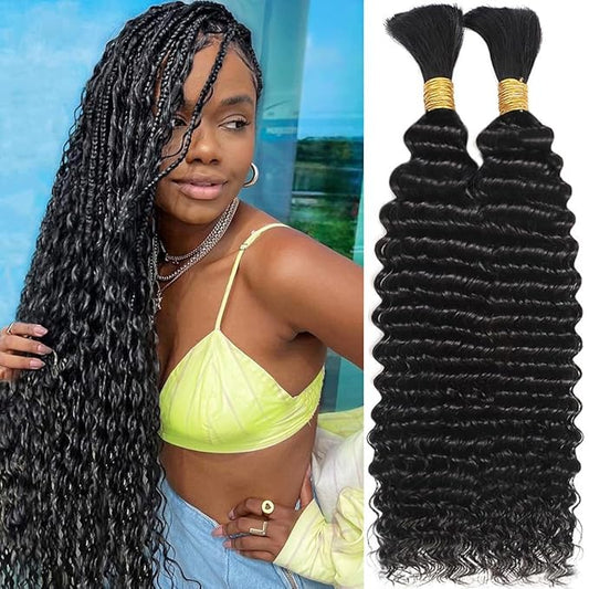 Human Braiding Hair for Boho Braids 110g 20 Inch Deep Water Wave Bulk Human Hair for Braiding No Weft 12A Wet and Wavy Curly Human Hair Extensions 2 Bundles/Pack Natural Color