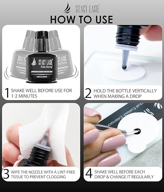 Extra Strong Eyelash Extension Glue Stacy Lash (0.34 fl.oz / 10 ml) / 0.5-1 Sec Dry/Retention – 8 Weeks/Black Adhesive/Professional Supplies