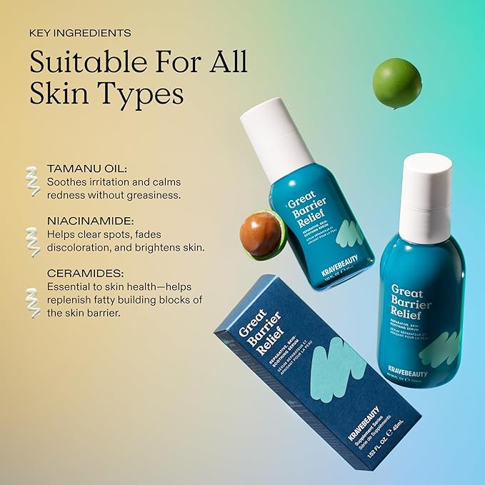KraveBeauty Great Barrier Relief, Soothing Skin Barrier Repair Serum, Contains Tamanu Oil to Soothe and Calm Redness, For All Skin Types, Vegan & Cruelty Free, 1.52 fl oz