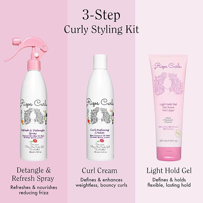 Rizos Curls Styling Starter Kit, Refresh and Detangle Spray & Curl Defining Cream & Light Hold Gel Bundle, Enhance & Define Curls, Add Volume & Hold, Frizz Control & Shine