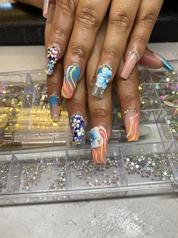 3D Acrylic Blue Flower Nail Art Charms Handmade by Acrylic Powder - 24pcs 3D Flowers For Nail Rhinestones Kit 3D Crystal Nail Pearls Design Acrylic Nail Art for Women (Blue)