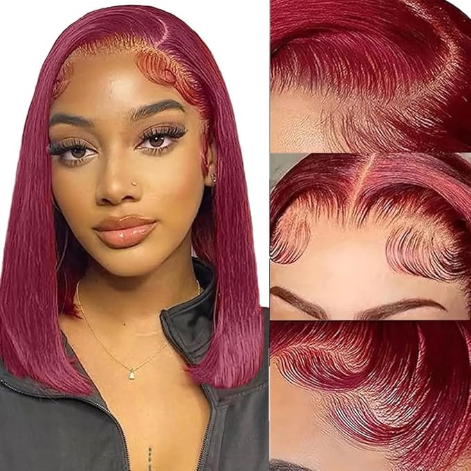 99j Burgundy Bob Wig Human HaIr Wigs 13x4 Lace Front Wigs for Black Women Straight Burgundy Human Hair Pre Plucked 180% Density Transpaent Lace Frontal Wig 99j Short Bob 16 inch