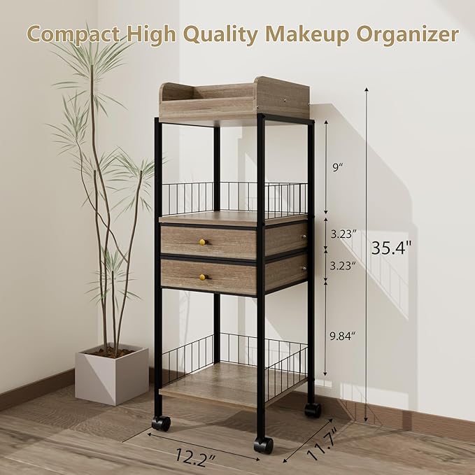 Makeup Organizer Cart Shelf Floor Skincare Organizers Make Up and Station Storage Cabinet For Vanity Standing Cosmetics With Drawers and Wheels For Nail Polish Perfume Hair Tool Beauty(Grey Oak)