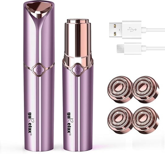 Facial Hair Removal for Women, Ladies Face Shaver(Rechargeable) for Chin Upper Lip Neck Armpits, Included 4 Replacement Heads, with a Velvet Storage Pouch
