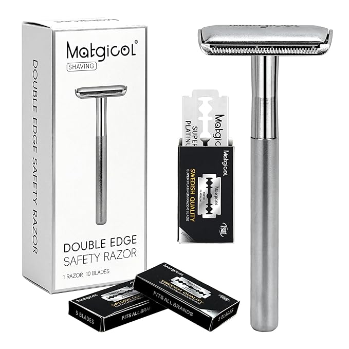 Premium Heavy-Weight Safety Razor for Men – Swedish Steel Blades, Solid Brass Long Handle Professional Close Shave, Built to Last a Lifetime (Silver)