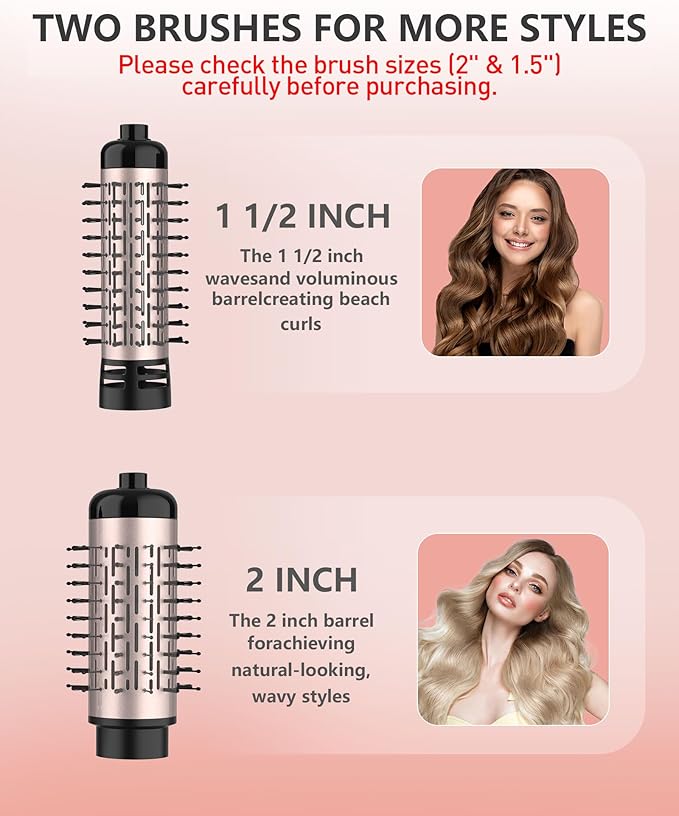 ANWA Rotating Hair Dryer Brush, 4-in-1 Hot Air Styler and Rotating Brush, Rotating Blow Dryer Brush with 2 Detachable Brushes(1.5"& 2"), Pink