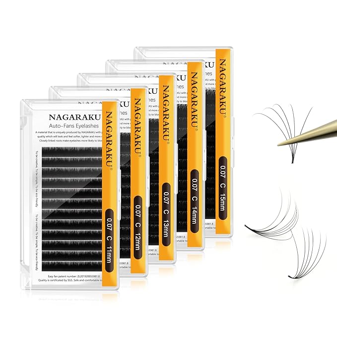 NAGARAKU Easy Fan Eyelash Extensions Volume Lashes 5 Trays in 1 Pack 0.07 C curl 11/12/13/14/15mm Rapid Blooming Russian Mega Volume Soft Cluster For Beginners