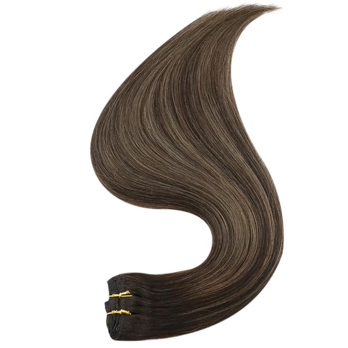 Full Shine Dark Brown Clip in Hair Extensions Ombre Human Hair Extension Brown Balayage 18 Inch Straight Lace Hair Extensions Real Human Hair Invisible Clip ins 3 Pcs 60 G