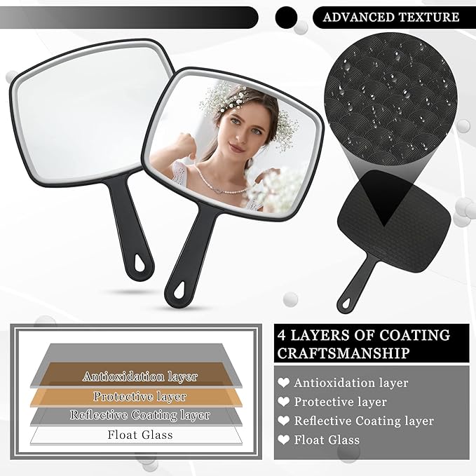 Qunclay 10 Pcs Large Hand Mirror Handheld Mirror with Handle Multi Purpose Barber Mirror with Distortion Free Reflection for Vanity Makeup Salon Travel Use (Black, 7.3'' W x 10.3'' L)