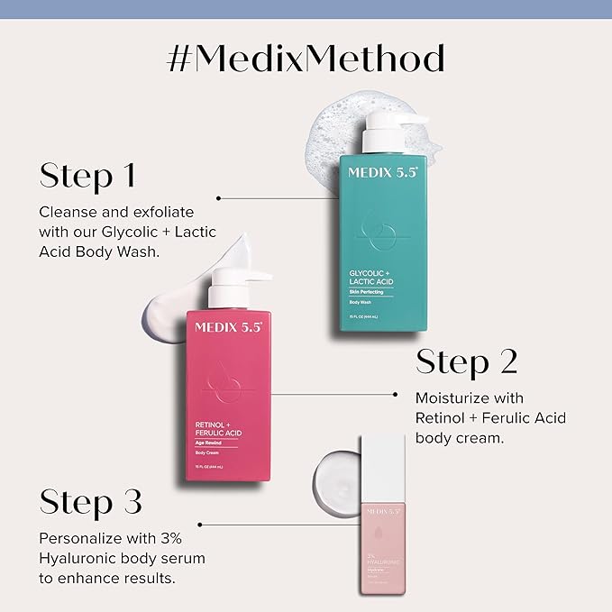 Medix 5.5 Retinol Body Lotion + 3% Hyaluronic Acid Booster Serum Moisturizer Skin Care Set, Crepey Skin Care Treatment, Retinol Body Cream, Retinol Cream Targets Sagging Crepe Skin & Wrinkles, 2PC
