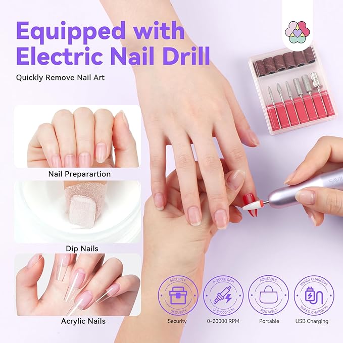 SAVILAND Clear Dip Powder Nail Kit with Electric Nail Drill: 60g/2.1oz Clear Dipping Powder for Nails with Dip Nail Liquid Set Base Activator and Top Coat Brush Saver Builder Repair Kit Home Manicure