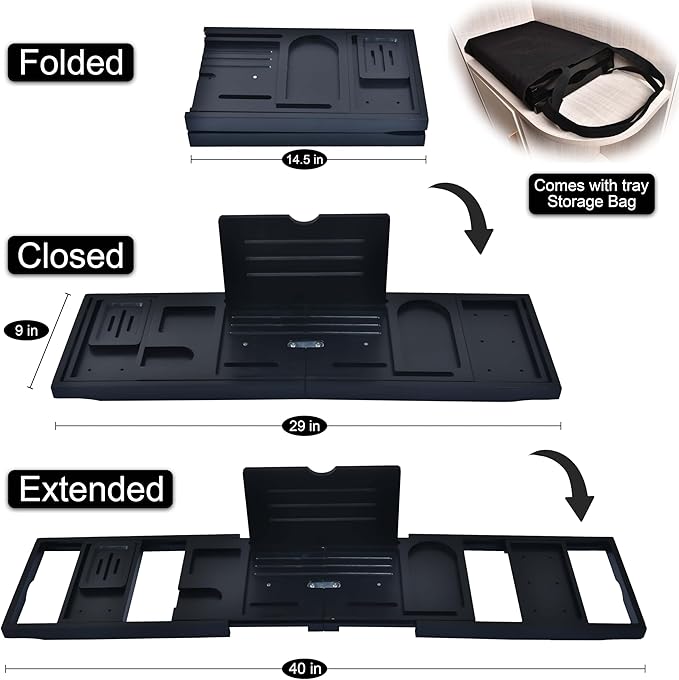 Bathtub Trays and Tub Pillow for Bathtub, Expandable Folding Bath Tray, with Black Soapbox, 2 Bath Towels, Shower Cap, Storage Bag, Bathroom Hooks, Uniform Black Accents for Your Bathtub