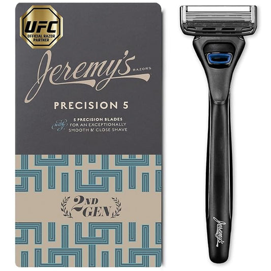 Jeremy's Razors for Men: Precision 5 Blade Razor - Stainless Blades, Lubricating Strip, Precision Trimmer - Men's Shaving Essentials Kit, Travel Shaver Face Body Head Shavers (1 Razor 1 Cartridge)