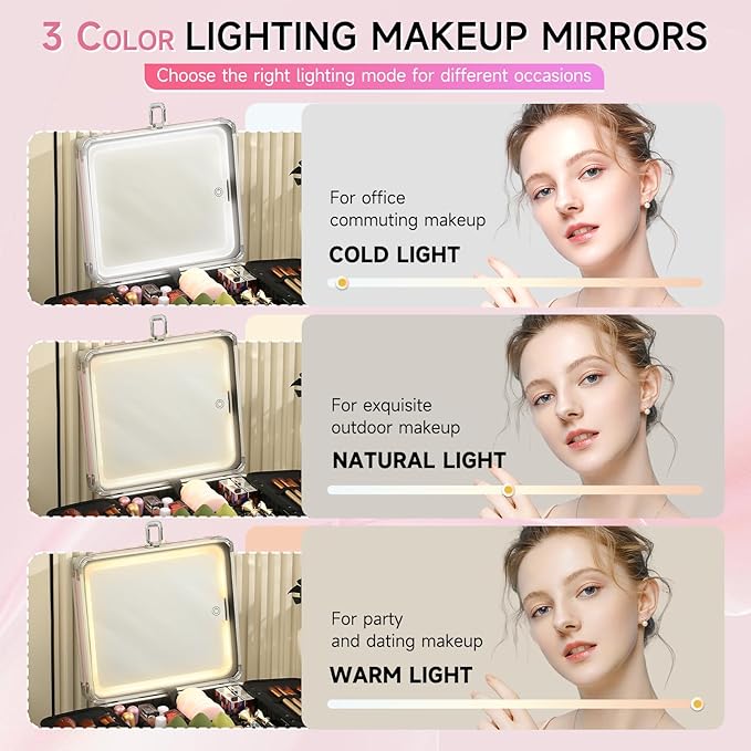 Leeora&Leekoo Makeup Box with LED Mirror & Aluminum Frame, Compact Multi-Layer Cosmetic Organizer - Portable ABS Travel Train Case for Makeup Storage(Gift for Girlfriend/Daughter) (Pink1)