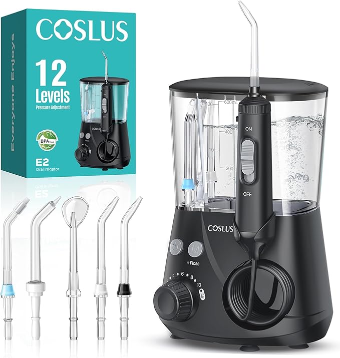 COSLUS Professional Water Flosser for Teeth: 12 Pressure Settings Electric Dental Pick for Orthodontic, Braces, Sensitive Gums - Home Use, 5 Jet Tips for Multiple Users, Family, Black, E2