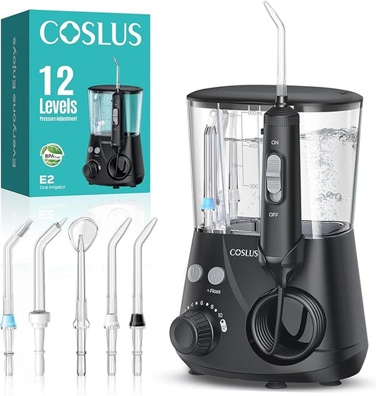 COSLUS Professional Water Flosser for Teeth: 12 Pressure Settings Electric Dental Pick for Orthodontic, Braces, Sensitive Gums - Home Use, 5 Jet Tips for Multiple Users, Family, Black, E2