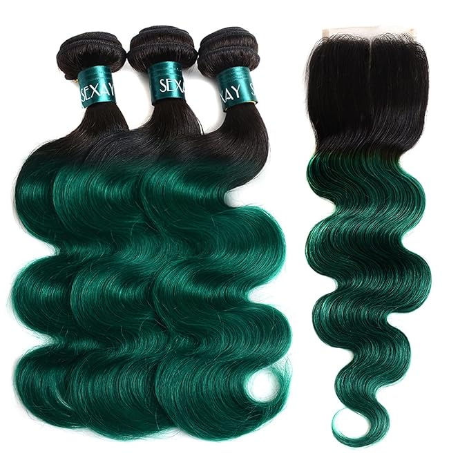 Green Human Hair Bundles Brazilian Remy Hair Body Wave Bundles with Closure,1b/green Body Wave 100% Human Hair Bundles with Closure for Women (141618with12)