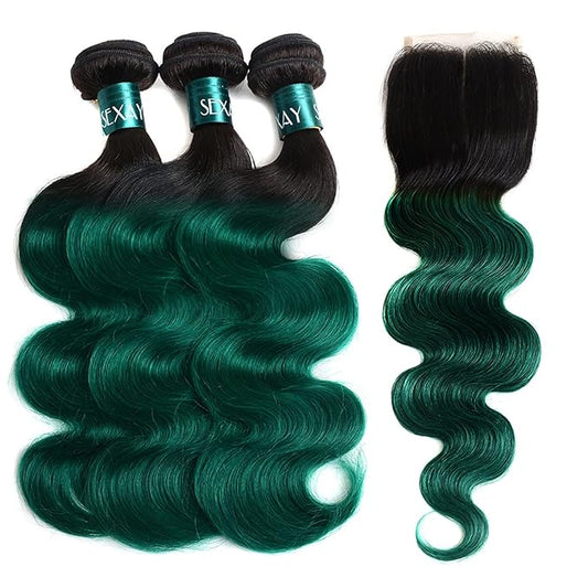 Green Human Hair Bundles Brazilian Remy Hair Body Wave Bundles with Closure,1b/green Body Wave 100% Human Hair Bundles with Closure for Women (141618with12)