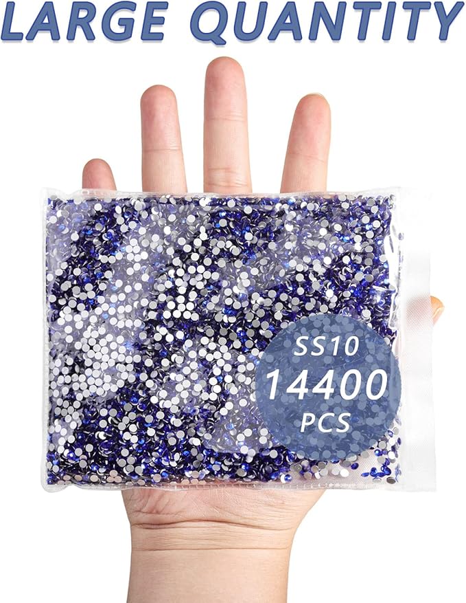 Beadsland Flatback Rhinestones Bulk,14400pcs Royal Blue Rhinestones for Nails Crafts Clothes DIY Decoration, Sapphire, SS10, 2.7-2.9mm
