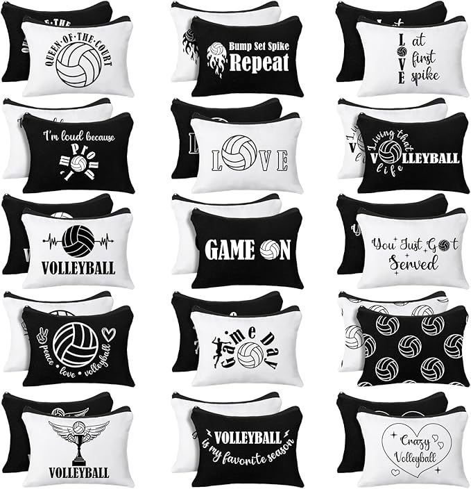 Irenare 30 Pcs Volleyball Cosmetic Bag Gifts for Women Stuff Volleyball Players Teams Travel Pouch Canvas Makeup Bags for Team Gifts(Black, White,Volleyball)