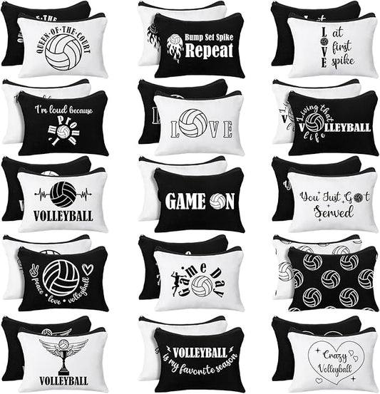 Irenare 30 Pcs Volleyball Cosmetic Bag Gifts for Women Stuff Volleyball Players Teams Travel Pouch Canvas Makeup Bags for Team Gifts(Black, White,Volleyball)