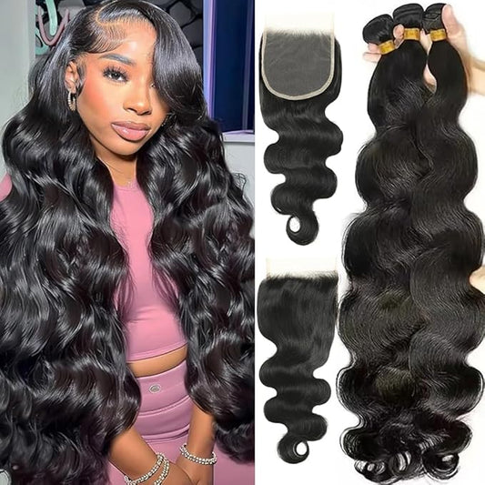 Body Wave Human Hair Bundles with Closure (24 26 28+20) 5x5 HD Closure with Bundles Human Hair 3 Weave 12A Brazilian 100% Unprocessed Virgin Weft Hair Free Part