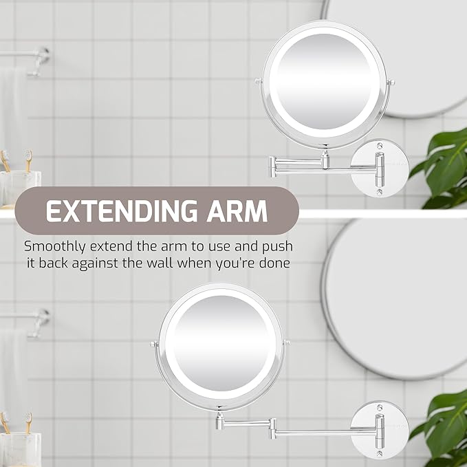 OVENTE 9" Lighted Wall Mount Makeup Mirror with 1X/10X Magnification, Cordless Double Sided Magnifying Round Vanity Mirror, 360° Swivel Design, Extendable and Folding Arm, Polished Chrome MFW85CH1X10X