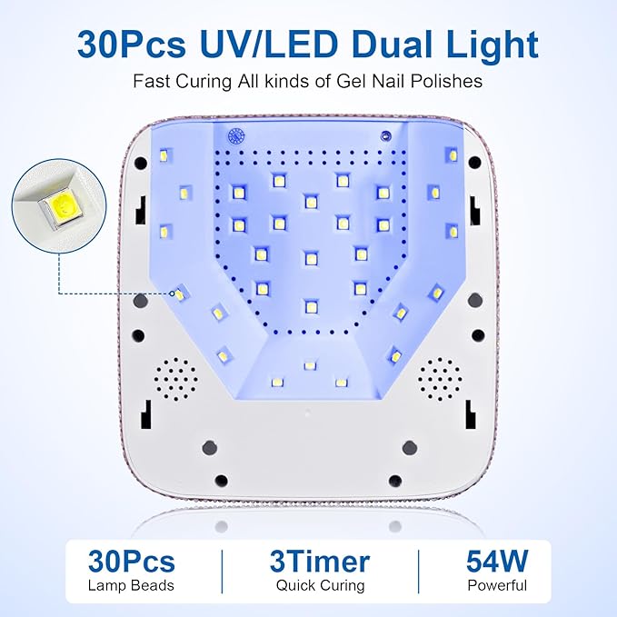 Cordless UV Nail Lamp, 54W Rechargeable UV Light for Gel Nails, LED Nail Dryer with 3 Timer Modes, Professional Quick Dry Curing Lamp for Salon & Home(Pearl Pink Diamond)
