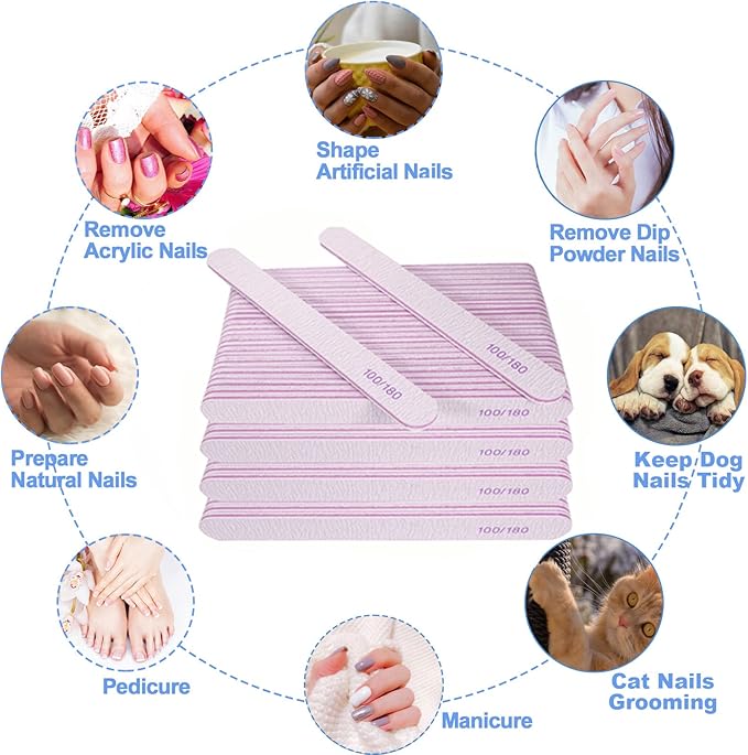 Nail File (100 Pcs), Bulk Emery Board Nail Files for Acrylic Nails and Natural Nails, 100/180 Grit Double Sided Emory Boards for Gel Nail Professional Reusable Washable Manicure Pedicure Kit Set Gray