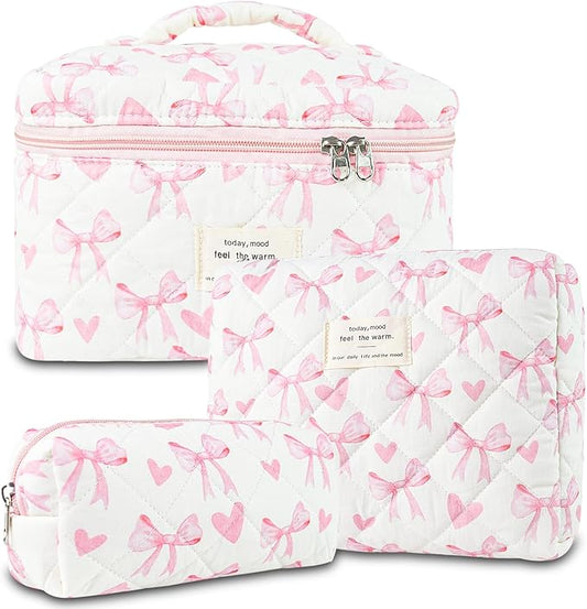 3Pcs Quilted Makeup Bag, Cute Floral Cotton Cosmetic Bag set, Coquette Bow Makeup Pouch Large Travel Toiletry Bag