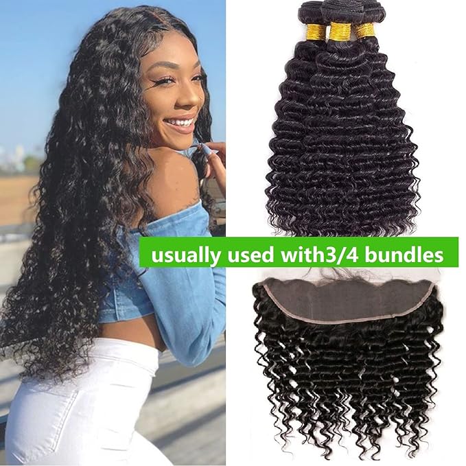 12A Grade Deep Wave Lace Frontal 13x4 Ear to Ear Lace Frontal 16 Inch 100% Unprocessed Brazilian Virgin Human Hair Swiss Lace Frontal Closure 200% Density Pre Plucked With Baby Hair Natural Color