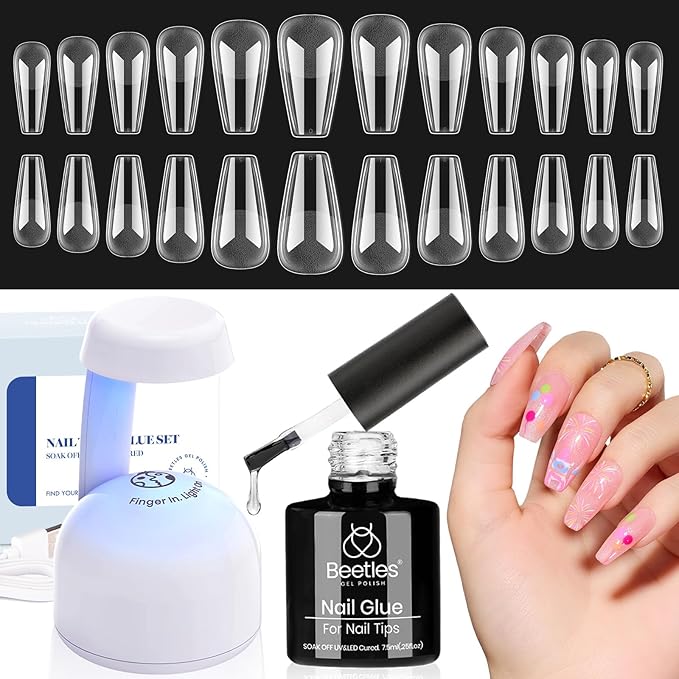 Beetles Gel Nail Kit Easy Nail Extension Set With Etch X Nail Tips 504Pcs Half Matte Medium Coffin Shaped Tips 5 in 1 Nail Glue Base Gel and Innovative Led Lamp Diy Art at Home Nail Kit