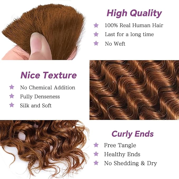 Human Braiding Hair For Boho Braids Deep Water Wave Human Bulk Hair for Braiding 12A Brazilian Virgin Human Hair Extensions for Boho Braids 3 Bundles/Pack 110g Auburn Ginger 18inch