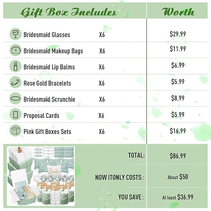 54 Pcs Bridesmaid Proposal Gifts Bridesmaid Box Set Include Bridal Shower Gift Box Makeup Bag Invited Card Glass Cup Lip Balm Scrunchie Hair Knotted Bracelet for Maid of Honor(Green, White)
