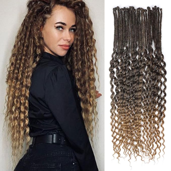 24 In 30 Strands Curly Dreadlock Extensions, Ombre Brown Synthetic Single Ended Dreads Extensions, 100% Handmade Dreads Hippie Style Dreadlocks for Woman