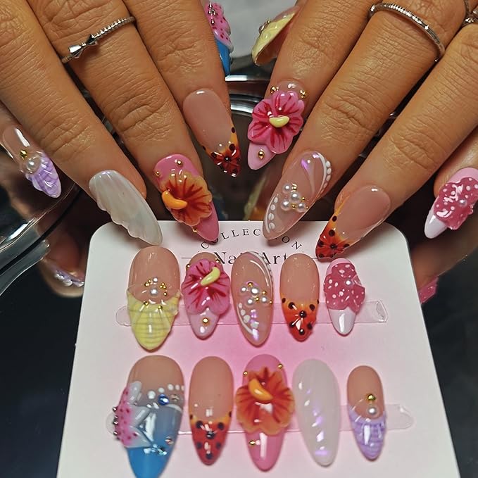 Handmade Acrylic Press On Nails Almond, 3D Press On Nails Medium, Flower 3D Pink Nails French Tip Bubble Preal For Women Gift, Reusable Stick On Fake Nails Kit With Nail Glue (Floral Dreamscape-L)