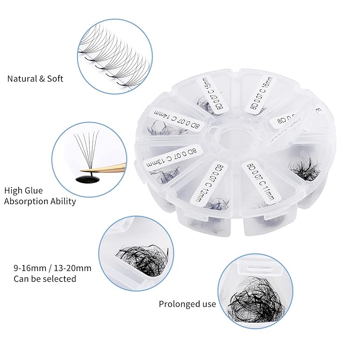 Premade Fans Short Stem 500 PCS 6D Eyelash Extensions 0.07mm C/D Curl 9-16mm Mixed Length WENDY LASHES Russian Volume Pre-made Lash Extension (500PCS-6D-0.07-D, 9-16mm mixed tray)