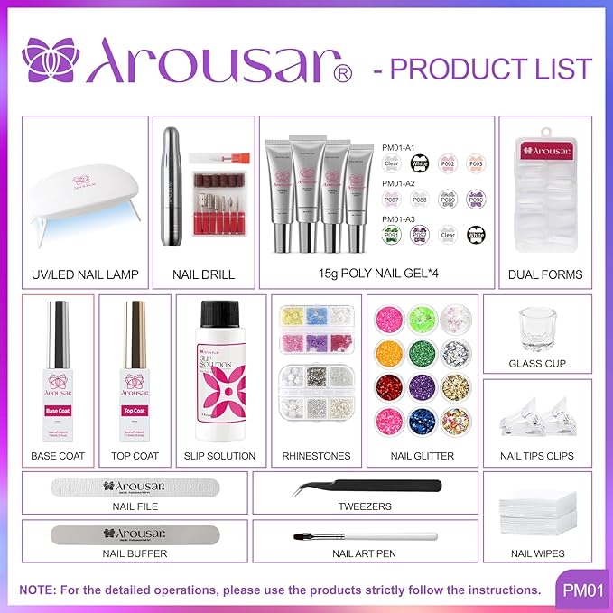 Poly Nail Gel Kit, 15ml*4pcs Nail Extension Gel, Soft Pink Glitter Builder Nail Gel with Top and Base Coat, Slip Solution, Nail Lamp&Drill DIY Salon at Home for Beginner and Professional