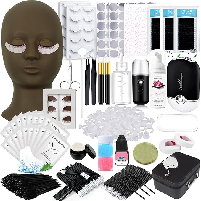 Lash Extension Kit Eyelash Practice for Beginners Professional Set with Mannequin Head Removable Eyelids USB Fan Spraye Individual False Lash Eyelash Strips Shampoo Brush Supplies Storage box