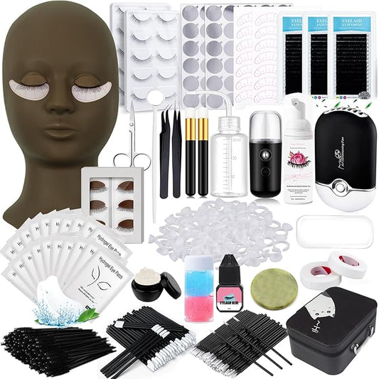 Lash Extension Kit Eyelash Practice for Beginners Professional Set with Mannequin Head Removable Eyelids USB Fan Spraye Individual False Lash Eyelash Strips Shampoo Brush Supplies Storage box
