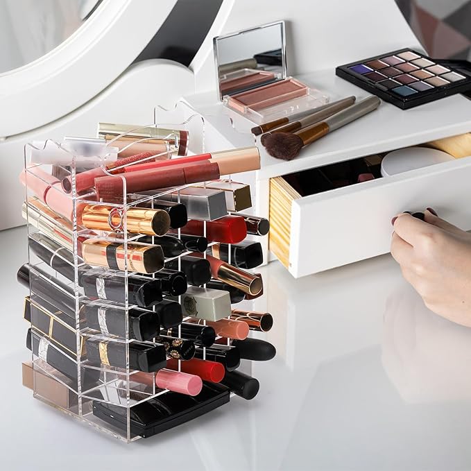 64 Slots Rotating Lipstick Organizer, Acrylic Spinning Lipgloss Tower Holder, Clear Rotable Lip Gloss Organizer Case, Lip Stick Display Rack Stand, Cosmetic Makeup Accessories for Lip Balm