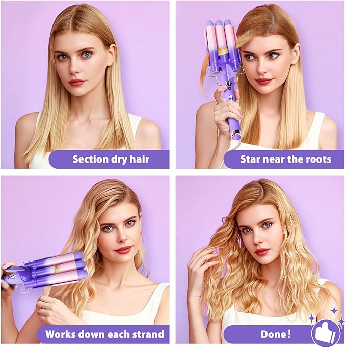 3 Barrel Curling Iron Hair Crimper: Aleath Dual Voltage Adjustable Temperature Three Barrels Hair Waver - Ceramic 1 inch Curler Wand（Purple）