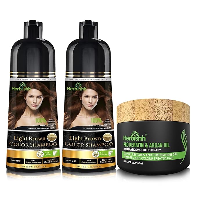 Combo Pack - Herbishh Shampoo for Gray Hair + Argan Intense Hair Mask - Long-lasting Dye Shampoo, Colors in Minutes - 500 Ml - Stimulates Dry, Frizzy Hair (Light Brown)