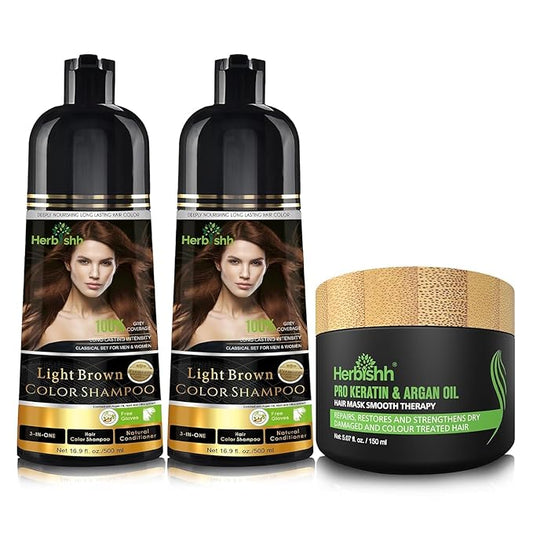 Combo Pack - Herbishh Shampoo for Gray Hair + Argan Intense Hair Mask - Long-lasting Dye Shampoo, Colors in Minutes - 500 Ml - Stimulates Dry, Frizzy Hair (Light Brown)